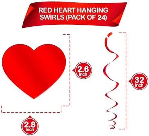 PartyGarden Red Hanging Heart Party Decorations - 24 Pcs Pre-Assembled Ceiling Hanging Swirls for Valentines Day, Galentines Day - Image 6