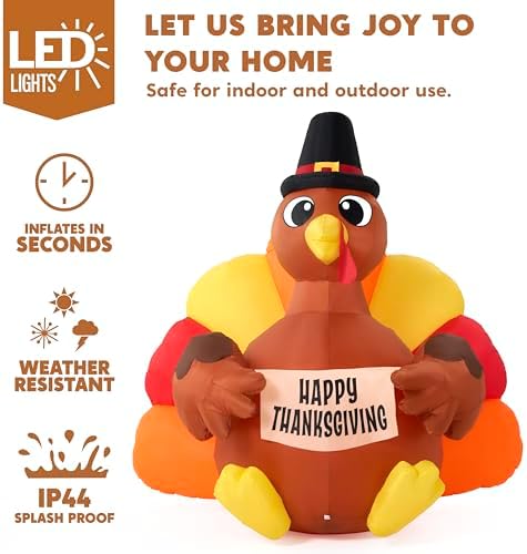 JOIEDOMI 6FT Thanksgiving Inflatable Turkey Decoration Outdoor, Light Up Inflation Turkey with LED, Happy Thanksgiving Blow Up Yard Decorations for Outside, Yard, Garden, Lawn, Party Supplies - Image 3