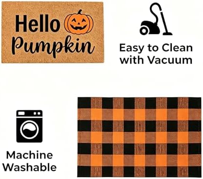 Fall Decor Halloween Layered Front Doormat Set, Hello Natural Coco Coir Door Mat + 28"x43" Orange Black Buffalo Plaid Rug, Non-Slip Porch Rug Outdoor Entryway Decor for Front Porch, Patio - Image 6