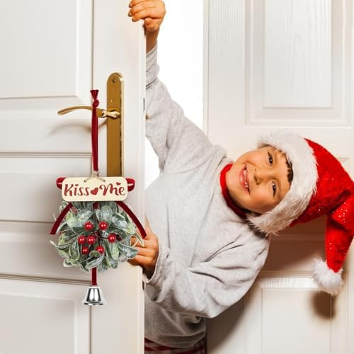2 PCS Christmas Mistletoe Decoration Artificial Mistletoe Hanging Ornament Kissing Ball with Berry Bow Silver Bell Wooden Sign'kiss Me' for Doorway Home Xmas Tree Friendship Holiday Party Decor (Red) - Image 5