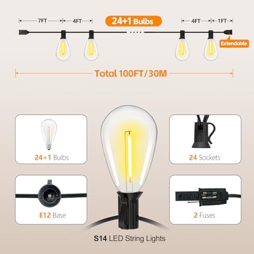 100FT S14 E12 Outdoor String Lights Waterproof Patio 24+1 (1 Spare) bulb - Image 3