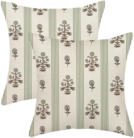 Sage Green Brown Pillow Covers 18x18 Inch Set of 2 Vintage Block Print Floral Throw Pillows Striped Flower Boho Decorative Pillow Cases Linen Outdoor Accent Linen Cushion Cover for Couch Sofa Bed by JEFERSO