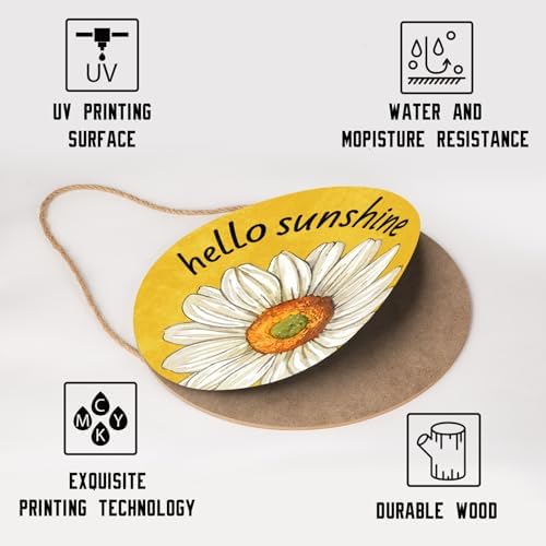 Spring Summer Daisy Flower Front Door Sign Hello Sunshine Floral Wood Door Hanger Outdoor Outside Porch Decor Seasonal Wooden Wreath Farmhouse Indoor Wall Hanging Decoration for House 12"x12" - Image 3