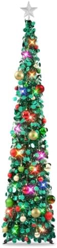 N&T NIETING Pop Up Christmas Tree with Lights & 40 Balls, 6Ft Collapsible Green Tinsel Tree Decorations, Skinny Christmas Tree for Holiday Home Office Decor, Green by NTNIETING