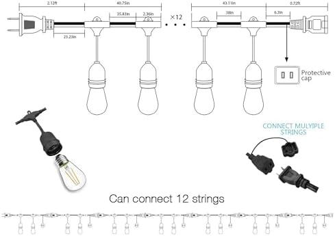 Banord Outdoor String Lights Commercial Grade 96ft Waterproof with 30 S14 Shatterproof Dimmable LED Bulbs, Heavy Duty Hanging Lights for Patio Garden Backyard Decoration, 2W 2x48ft Strands - Image 4