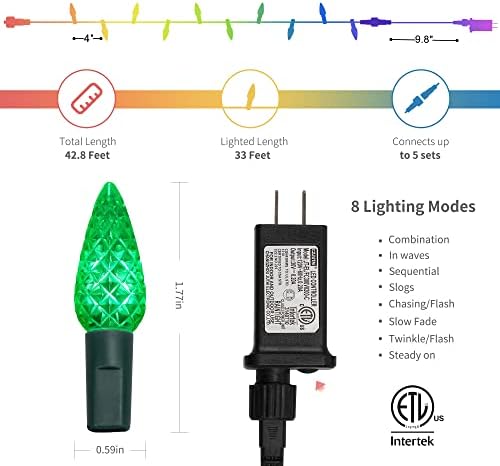 WATERGLIDE C6 Christmas Lights, 33ft 100 LED Faceted String Lights Green Wire Fairy Lights with 29V Safe Adaptor, 8 Lighting Mode, Waterproof for Indoor Outdoor Patio Xmas Tree Party Decor, Multicolor - Image 2
