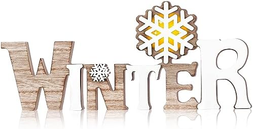 Geetery White Winter LED Wooden Sign Rustic Wooden Word Sign for Table Home by Geetery