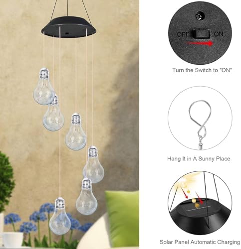 Colorful LED Solar Wind Chimes 21.6inch Light Bulb Shape Mobile Hanging Wind Chime Outdoor Waterproof Decorative Solar Powered Lights for Porch Deck Garden Patio Balcony Decor - Image 6