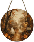 Fall Halloween Round Door Sign, 10 Inch Wooden Hanging Plaque with Rope, Rustic Autumn Wall Decor for Home Porch Entryway Halloween Party Decoration - A04 by Yhtmbf