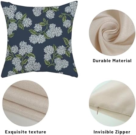 Navy Blue Spring Pillow Covers 20x20 Inch 2 Pcs Blue Green Hydrangea Flower Decor Throw Pillows Vintage Floral Seasonal Summer Outdoor Decoration Pillowcase Linen Cushion Cover for Couch Sofa - Image 7