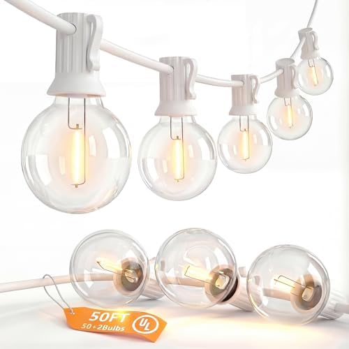 SUNSGNE White String Lights Outdoor, 50FT White Outdoor Lights with 52 G40 Shatterproof LED Bulbs(2 Spare) for Patio Garden Porch Pergola Bistro Outside Decorations, E12 Socket by SUNSGNE