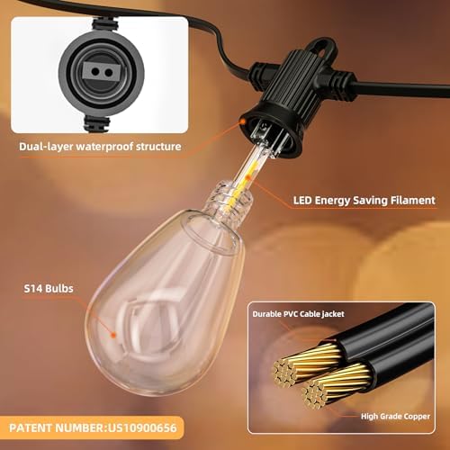 Zuske 100FT LED Outdoor String Lights with 30 Shatterproof Edison Bulbs, 2700K Commercial Grade IP65 Waterproof Patio Lights, Heavy Duty Outside Hanging Lights for Backyard, Balcony, Garden, Porch - Image 3