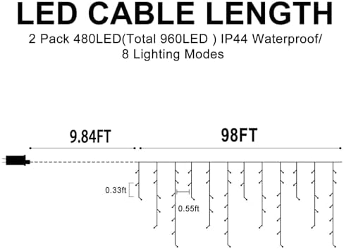Christmas Lights Outdoor, 2 Pack Total 98FT 960 LED Ice Lights for Outside with 180 Drops Clear Wire 8 Modes Timer, Plug in Waterproof for Holiday Eaves Yard Roof Party Christmas Decor (Cool White) - Image 5