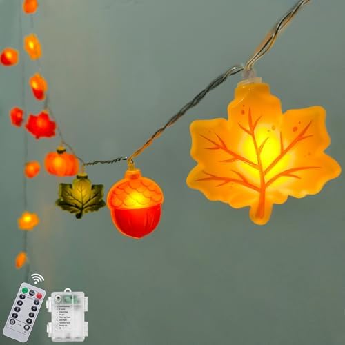 Fall Thanksgiving Lights Battery Operated 10Ft 20 LED Pumpkin Acorn Maple Leaf String Lights with Timer, Orange Autumn Light for Indoor Outdoor, Halloween Harvest Fall Decor for Home Porch Party by Fonusty