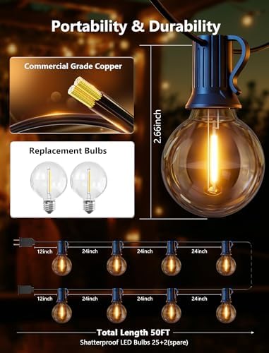 50FT Outdoor String Lights - Shatterproof G40 LED Bulbs, Waterproof Connectable Patio String Lights for Outside Backyard, Wedding & Bistro Party Decor, Warm White - Image 2