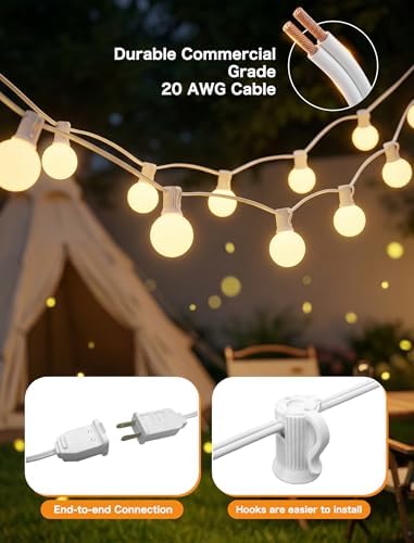 SUNSGNE 25FT G40 LED Outdoor White String Lights with 27 White Solid Shatterproof Globe Bulbs (2 Spare), Outdoor Hanging Edison Lights for Room Café Bistro Pergola Tents, White Wire - Image 6
