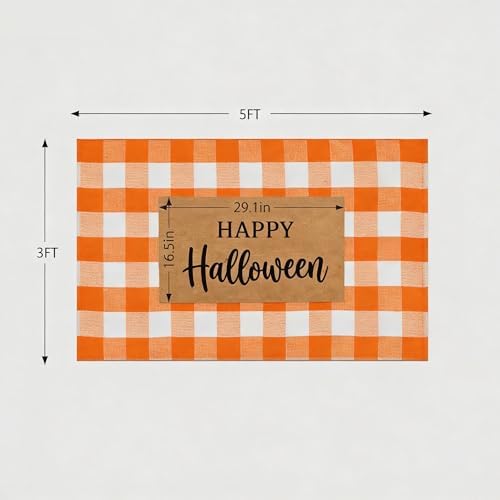 SEEKSEE Happy Halloween Decor Doormat Set, Thick Coco Coir Door Mat + Orange and White Buffalo Plaid Rug, Outdoor Layered Mat for Front Door Non-Slip Backing Floor Mat for Porch - Image 2