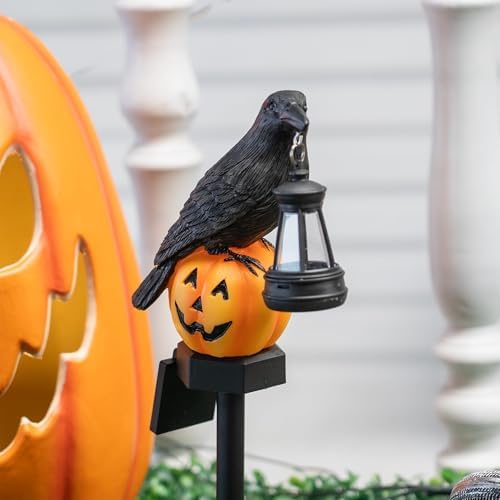 Dazzle Bright 2 Pack Halloween Crow Pathway Lights Outdoor, Solar Powered Resin Crow with Pumpkin Walkway Lights, Stake Light for Halloween Pathway Garden Lawn Yard Gifts Decoration - Image 3
