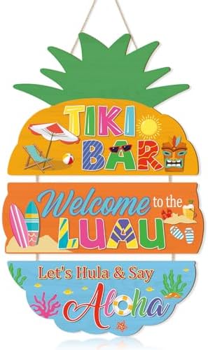 IARTTOP Tiki Bar Pineapple Wooden Hanging Sign 11.4x16.1" Hawaiian Luau Aloha Outdoor Wooden Plaques Decor Tropical Summer Pool Welcome Door Hanger Decor for Patio Backyard Bar Party by IARTTOP