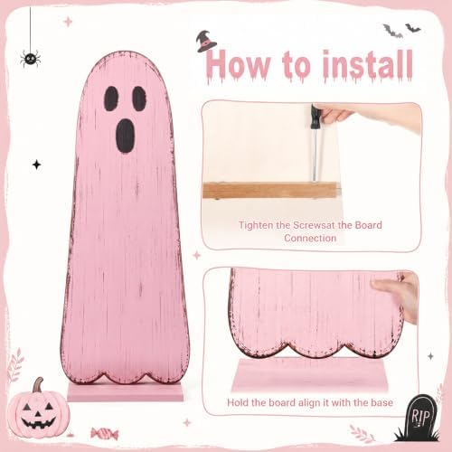 Novabright 30.2 H Halloween Pink Ghost Porch Sign Standing Wooden Decor - Image 2