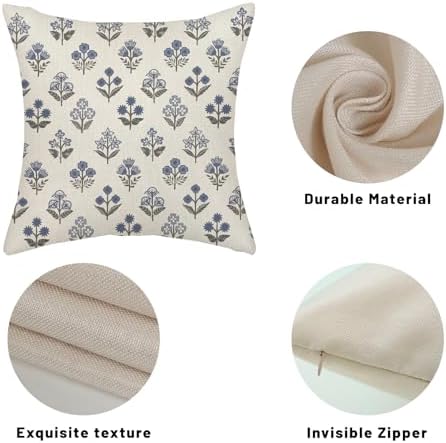 Blue Grey Pillow Covers 20x20 Inch 2 Pcs Gray Block Print Vintage Floral Decor Throw Pillows Boho Flower Spring Summer Outdoor Seasonal Decoration Pillowcase Linen Cushion Cover for Couch Sofa - Image 7