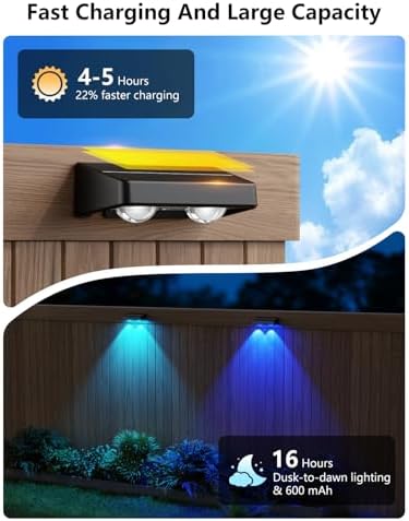 Solar Fence Lights Outdoor, 4 Pack Color Changing Fence Lights Solar Powered with 9 RGB Colors & 11 Lighting Modes, IP65 Waterproof Dusk to Dawn Fence Lights for Patio, Deck, Wall, Backyard - Image 4