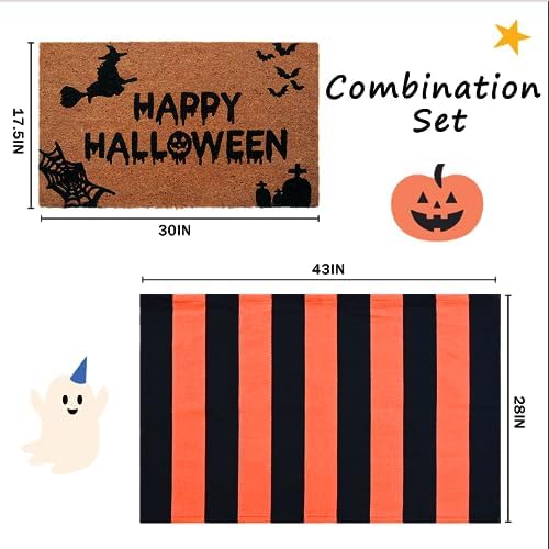 Halloween Decor Doormat Combo Set, 100% Coco Coir Welcome Mat + 28 x 43 Inches Orange and Black Striped Rug - Halloween Fall Front Porch Entryway Decor Floor Mat, Outdoor Autumn Mats Happy Halloween - Image 2