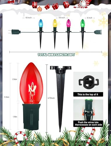 C9 Outdoor Christmas Lights with 38 Feet, 25 Multicolor Incandescent Bulbs and Stakes, Waterproof Shatterproof Pathway Markers for Path, Lane, Patio, Xmas Holiday - Image 2