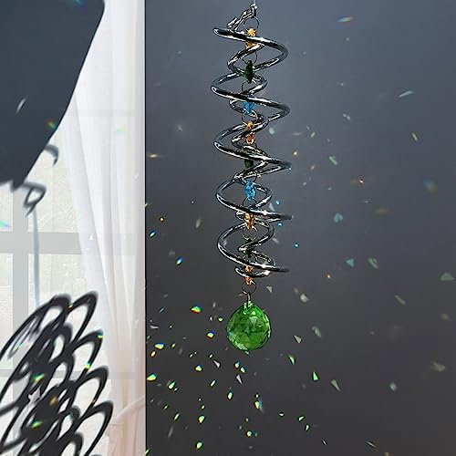 FONMY Gazing Ball Spiral Tail -Decorative Wind Spinner Sun Catcher Rainbow Maker Double-Spiral W/Green Crystal Ball and Chain Crystals for Indoor Outdoor Garden Decoration -14 inch Height - Image 5