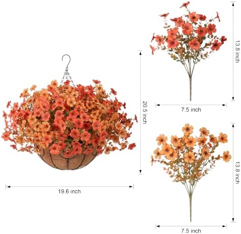 HyeFlora 2 Set Artificial Outdoor Faux Fall Mums Hanging Flowers Plants Basket Outside, 14 Bundles Fake Silk Daisy Fern in Planter UV Resistant for Autumn Porch Balcony Patio Yard Decor, Orange Yellow - Image 3