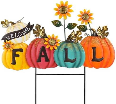 Fall Outdoor Decorations - Metal Pumpkin Yard Stakes with Fall Letters & Sunflower, Cozy Rustic Farmhouse Thanksgiving Outdoor Decor for Front Porch Lawn Garden Patio by Unknown