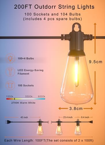 Zuske Outdoor String Lights, 200FT Patio Lights with 100 Shatterproof ST38 Globe Bulbs(4 Spare), Waterproof Connectable Dimmable LED Hanging String Lights for Outside Backyard Porch Balcony(100FT x 2) - Image 6