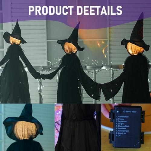 TW SHINE Halloween Witch Decorations Outdoor, 5 FT Set of 3 Holding Hands Witches Stakes with Glowing Face, Lighted Halloween Decor for Party Yard Lawn Porch Garden Haunted House Props - Image 5