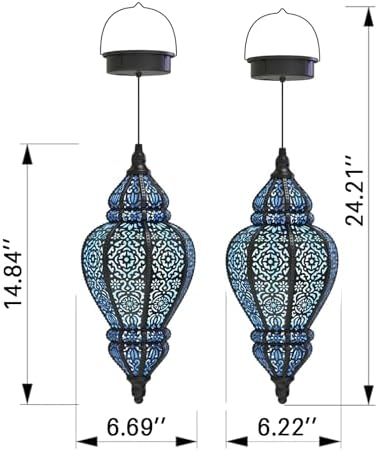Moroccan Hanging Solar Lights Outdoor Lantern Bidirectional Availabili Garden Decor Waterproof Plastic Blue Decorations for Patio Pathway Yard Backyard Solar Powered Garden Decorative (Black, 2) - Image 6