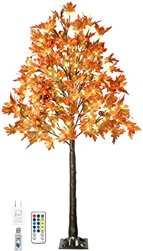6FT 130 LED Lighted Maple Tree - Thanksgiving Decor Artificial Fall Tree with 13 Branches, 13 Acorns 260 Leaves, Remote 8 Flashing Modes, Timing, DC 5V Safe for Outdoor Wedding Party Autumn Decor by TiYiViRi