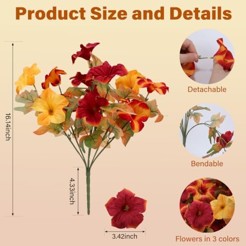 Artificial Fall Petunias for Outdoor, 4 Bundles Burgundy Yellow Gradient - Image 2