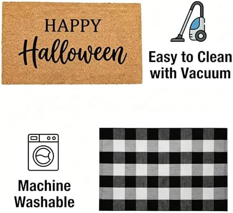 SEEKSEE Happy Halloween Decor Doormat Set, Thick Coco Coir Door Mat + Black and White Buffalo Plaid Rug, Outdoor Layered Mat for Front Door Non-Slip Backing Floor Mat for Porch - Image 6