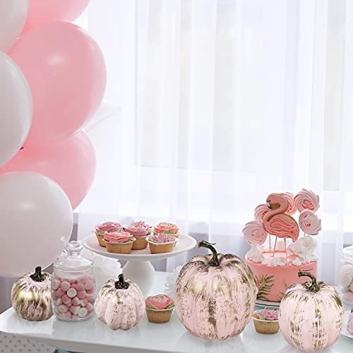 Winlyn 7 Pcs Assorted Artificial Gold Brushed Pink Pumpkins Rustic Decorative Foam Pumpkins for Fall Halloween Harvest Wedding Baby Shower Tabletop Centerpiece Mantel Kitchen Decoration - Image 4