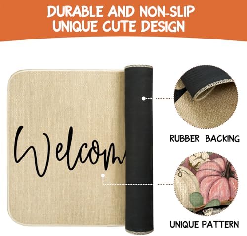 Fall Door Mat Outside,Pumpkin Eucalyptus Welcome Mat for Front Door,Thanksgiving Autumn Indoor Outdoor Non-Slip Rugs,Fall Doormat for Farmhouse Home Porch Decorations (Pink 30" x 17") - Image 7