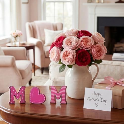 Smile 4 Pcs Wooden Decor Mother's day Indoor Decorations, Mom Heart - Shaped, Pink Table Centerpieces for Home Kitchen - Image 4