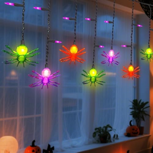 7Ft Halloween Spider Curtain String Lights Outdoor Waterproof, 25LED Plug-in Halloween Decorations with 10 Colorful Spider Lights, Spooky Party Decor for Haunted House, Patio, Porch, Yard, Window by Kivonfa