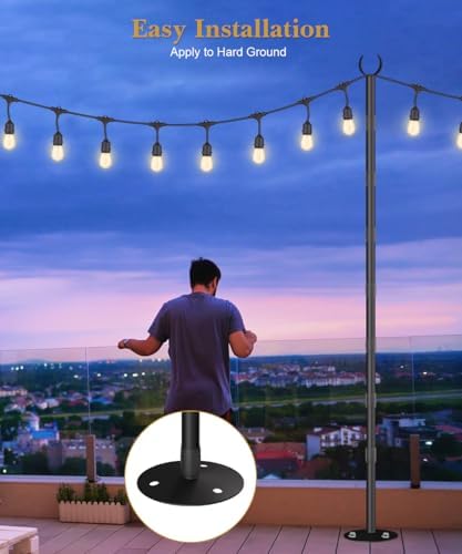 10Ft String Light Poles for Hard Surfaces, Outdoor Light Stand for Backyard, Garden & Patio Party Lighting, Heavy-Duty Metal Poles with Waterproof Finish, Rustproof & Adjustable - Image 4