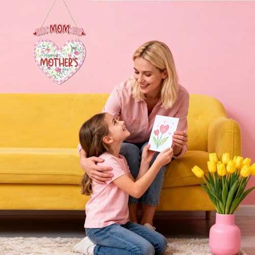 HOURIA Happy Mother's Day Wooden Sign(11.4”x12.5”),Vintage Best Mom Ever Wall Decor,Pink Flower Heart Shaped Door Hanger for Mom Grandma Woman - Image 5