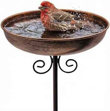 10" Small Metal Bird Bath with Stake, Outdoor Birdbath for Garden by OUISJYER