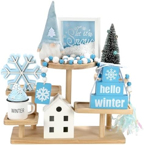 Winter Decoration for Home Office 8 PCS Blue Winter Tiered Tray Decor Set by SYNCVIBE