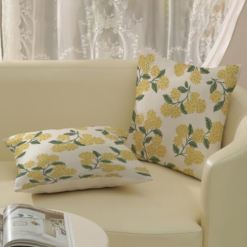 Mustard Yellow Outdoor Pillow Covers 24x24 Inch 2 Pcs Green Hydrangea Flower Decor Throw Pillows Spring Summer Seasonal Vintage Floral Decoration Pillowcase Linen Cushion Cover for Couch Sofa - Image 4