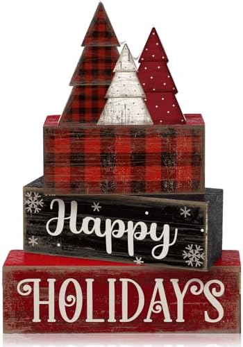 Moucuny 4 Pcs Wooden Block Signs Buffalo Plaid Holiday Farmhouse Decor by Moucuny