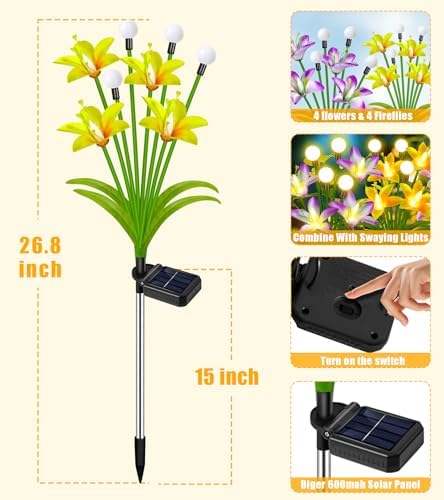 EDOF Solar Lights 4 Packs Solar Lily Flowers Firefly Lights Outdoor Decor - Image 2