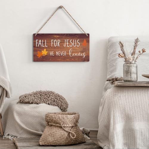 FREHVN Fall Decorations for Home Office Front Door - 'Fall for Jesus He Never Leaves' Sign - Autumn Wall Hanging Decor 12 X 6 Inch - Image 3