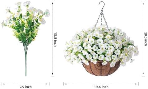 2 Set Artificial Fake Hanging Flowers Baskets for Outdoors Faux Plants, 24 Pcs UV Resistant Faux Silk White Morning Glory with 2 Outdoor Hanging Planters Realistic for Outside Porch Patio Decor - Image 3